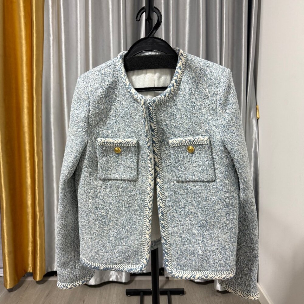 CELINE  baby blue white wool cotton boucle tweed trim jacket - Picture 2 of 9